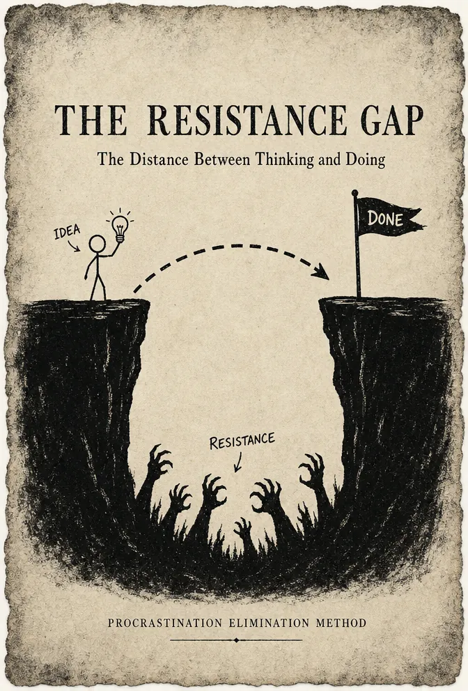 Illustrated plate of a stick figure leaping a chasm from idea to done while shadow hands of resistance reach up