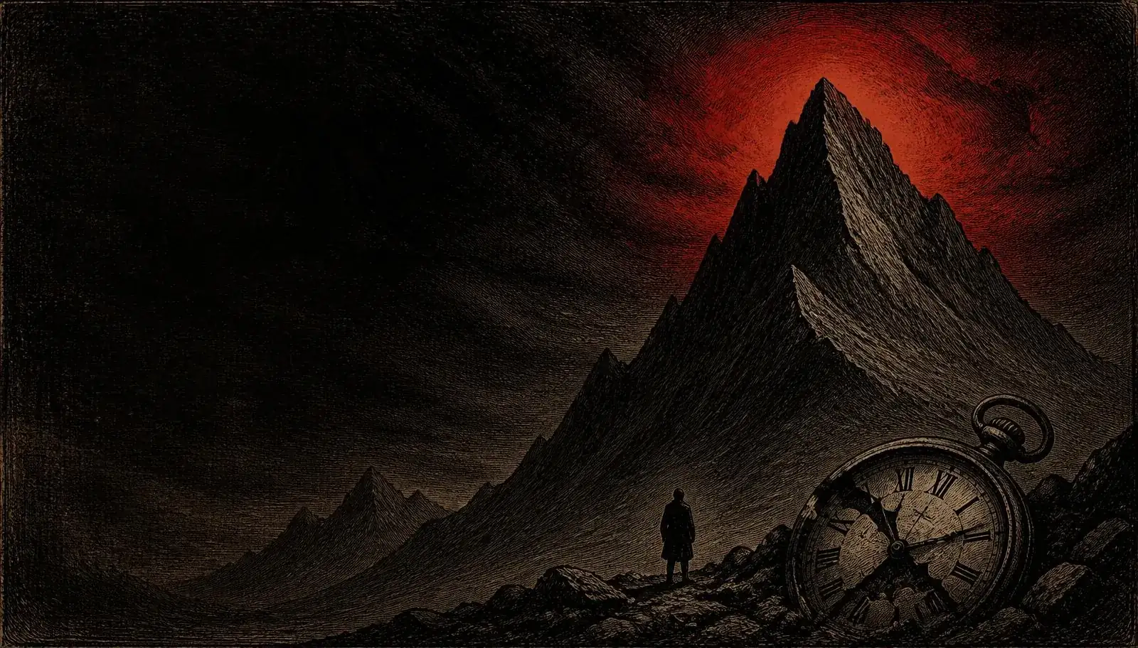 Woodcut engraving of a lone man facing a vast mountain beside a broken pocket watch